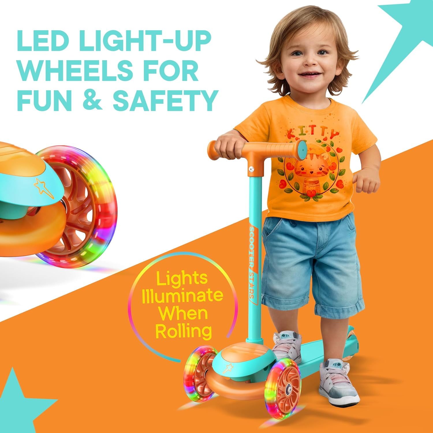 Scooter Stars 3-Wheel Kids Scooter with Light-Up LED Front Wheels, Wide Anti-Slip Deck, Rear Foot Brake, Lean-to-Steer Ride-On Toy