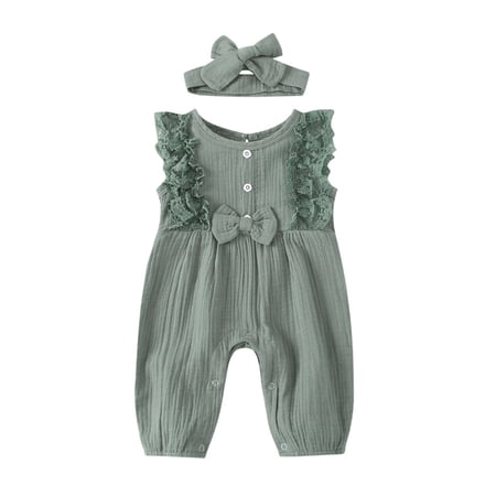 LIIPEE Boys Romper Casual Solid Color Sleeveless Lace Baby Jumpsuit For Infants Toddler Summer Soft Texture Bodysuit Breathable Comfortable Cuye Daily One-Pieces Green 18-24 Months