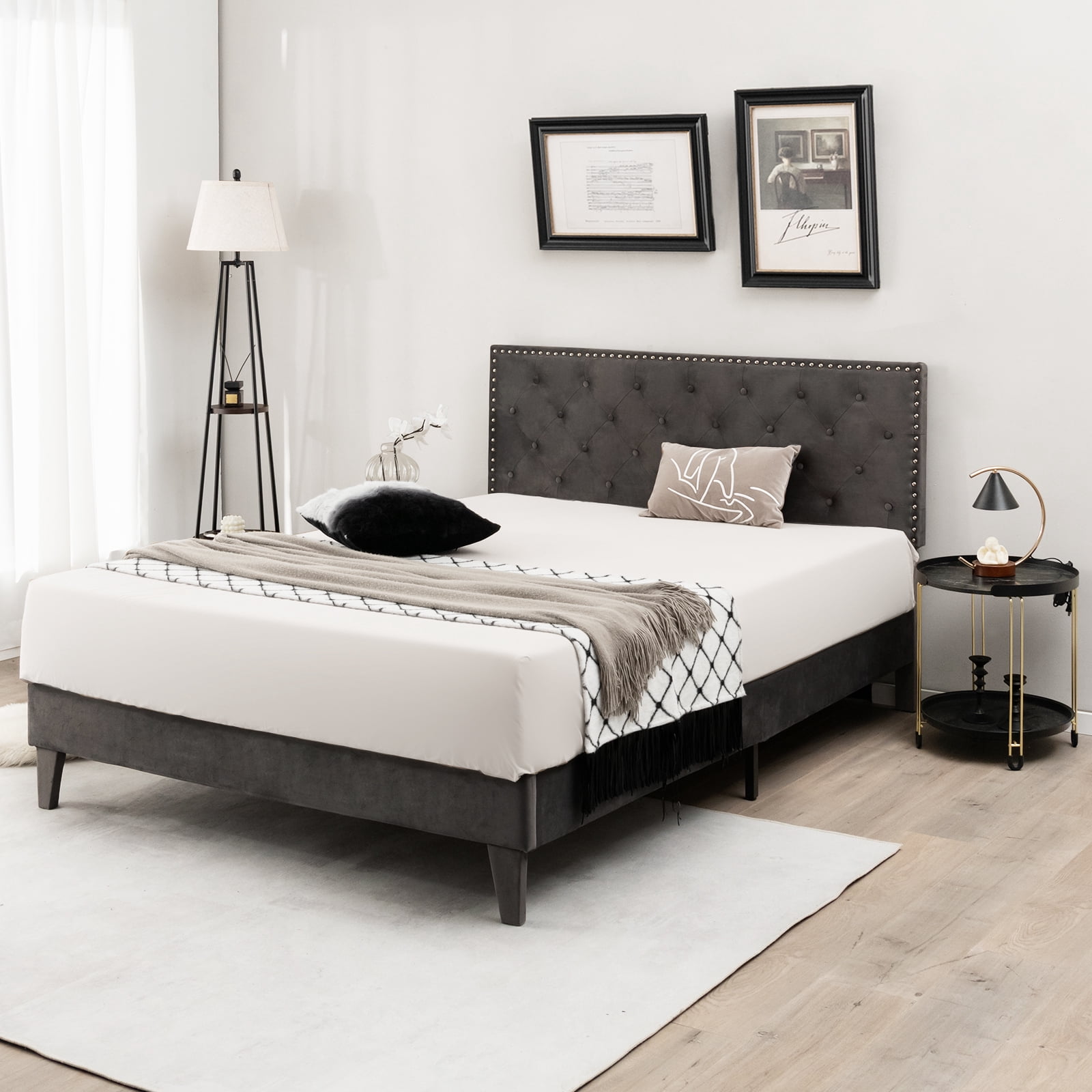Infans Queen Bed Frame Upholstered Platform Bed w/ Tufted Headboard Mattress Foundation