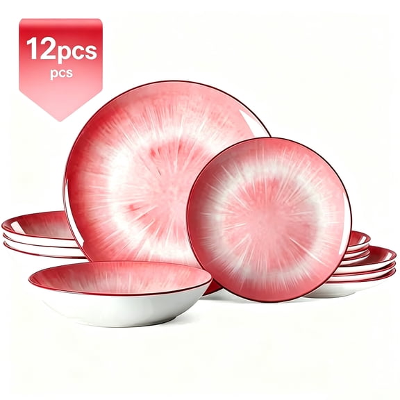 12 Piece Dinnerware Set ,Chip Resistant, Dinnerware Sets, Plates, Dishes, Bowls, Service for 4, Pink And White