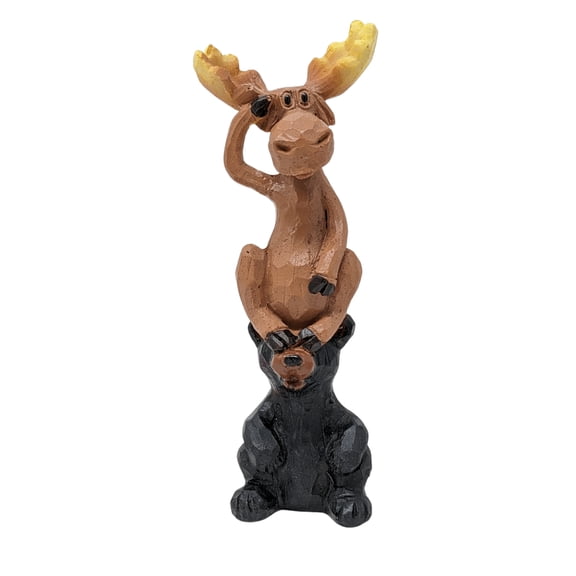 Bear and Moose Stacked Whimsical Figurine – Rustic Resin Wildlife Sculpture for Cabin, Lodge, or Home Décor – Forest Animal Accent for Shelf, Table, or Mantel – Gift for Nature and Animal Lovers