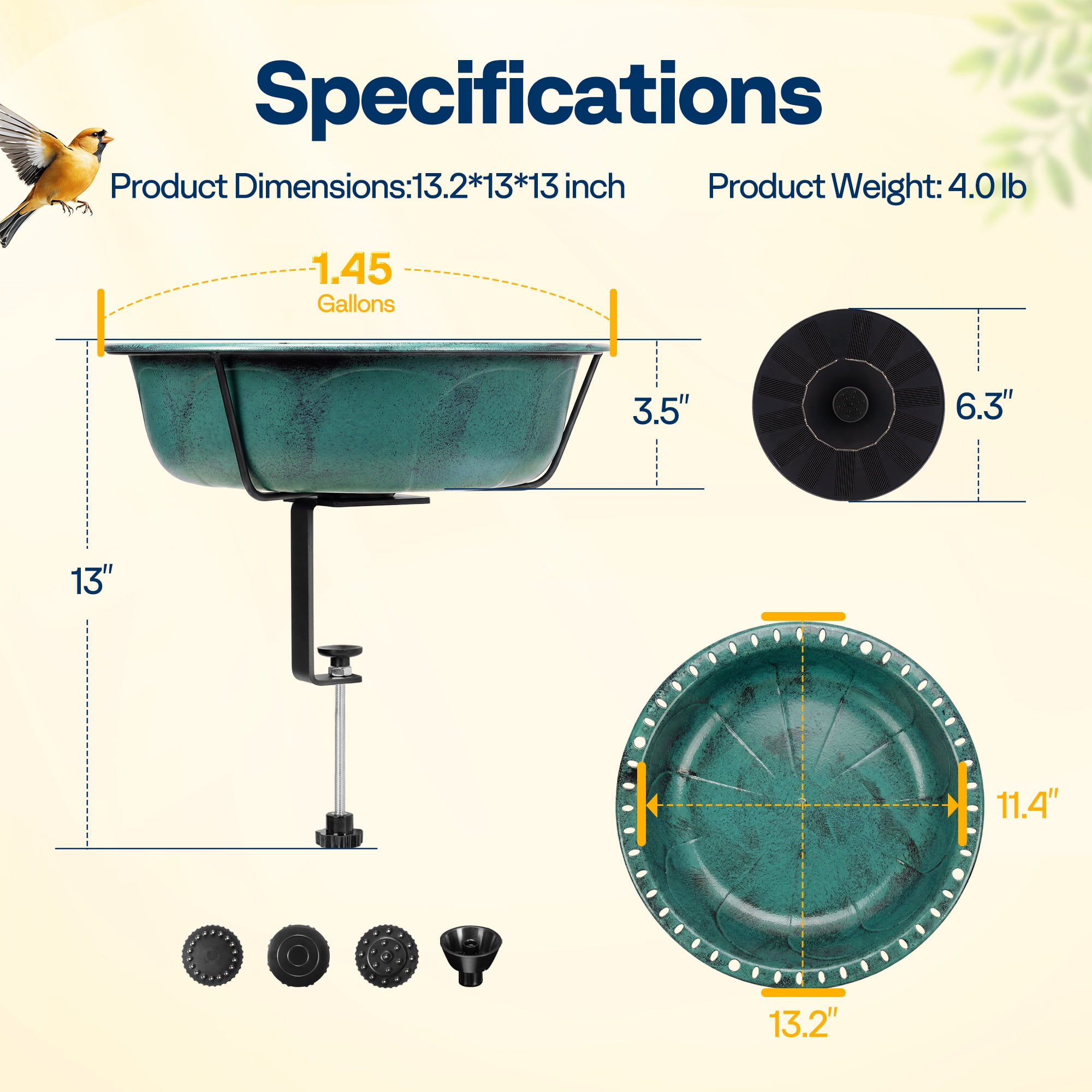 SPECSTAR Deck Mounted Bird Bath with Solar Fountain, Outdoor ABS Birdbath Bowl with Adjustable Metal Clamp, Solar Powered Pump for Railing, Fence, Balcony, 1.45 Gallons, Green