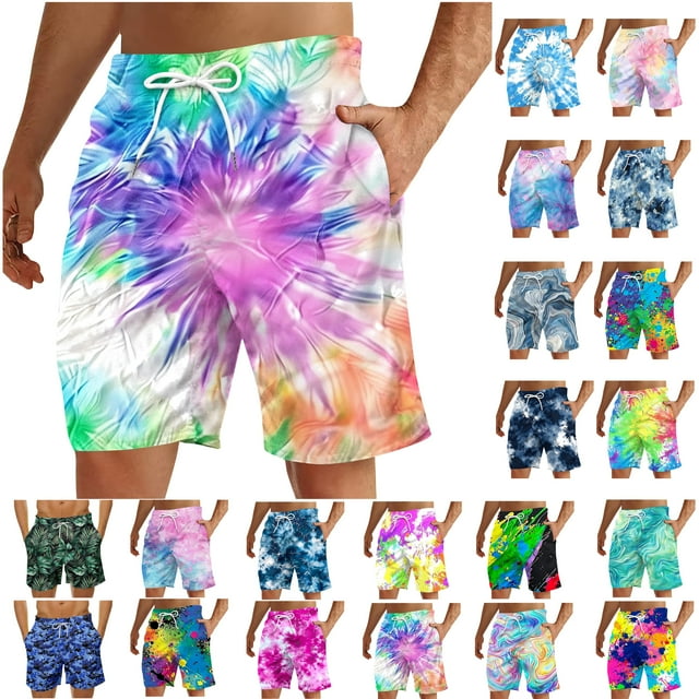 UVEASISHA Men's Colorful Beach Shorts Summer Trendy Tie Dye Print Swim Trunks Sports Running Bathing Suits Drawstring Straight Leg Board Shorts with Pockets Summer Sales Clearance Multicolor 3XL
