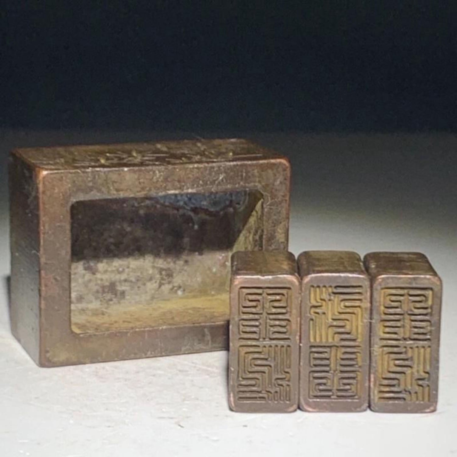 Bronze Seal Stamp Set Zuan Ke Style Carved Calligraphy Decorative Ink Stamps Chinese Art Desk Ornament