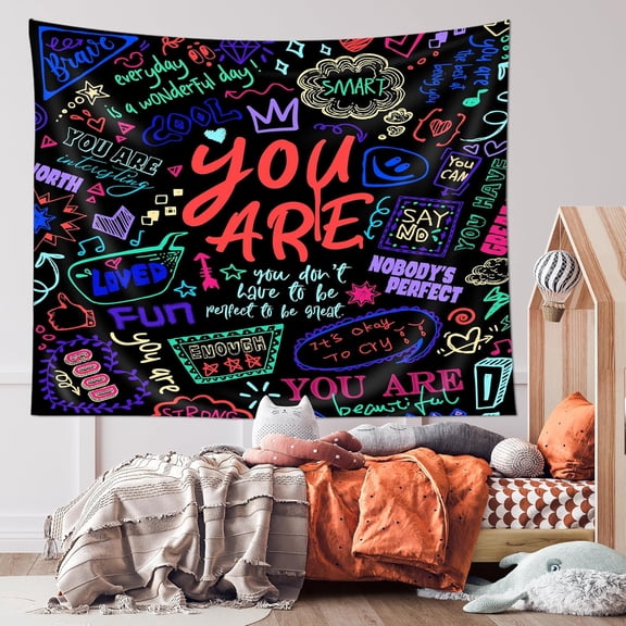 Kids Neon Inspirational Quotes Tapestry 51Hx59W Inch Boys Teens You are Motivational Positive Blacklight Glow Colorful Modern Cool Classroom Wall Hanging Bedroom Living Room Dorm Decor Fabric