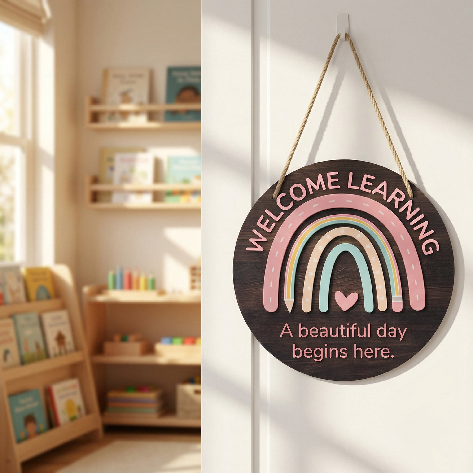 Unique Bargains Rustic Round Hanging Wall Decor Small Wooden Welcome Sign Style A 7.9in