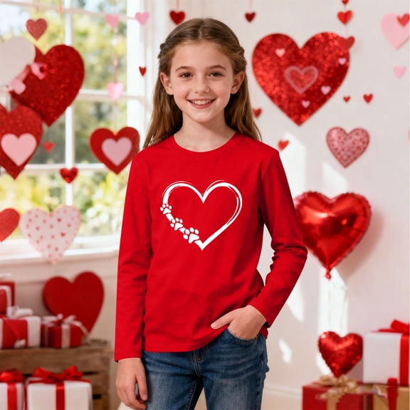 Girls' Cute Red Long Sleeve Top with Heart & Paw Print, Soft Stretchy Casual Shirt for Kids Kids to Teens,Size 9-10 T
