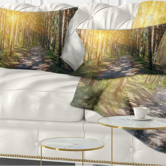 Designart Thick Forest with Yellow Sun Rays - Landscape Photography Throw Pillow - 12x20