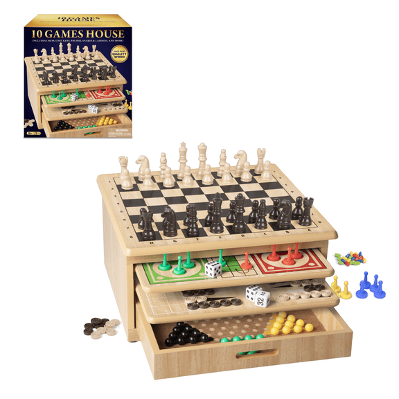 Classic Games, Family Fun, 10 in 1 Game House in Wooden Case, Includes Chess, Checkers, Mancala and More, Family Game Nights, Ages 6 and Over