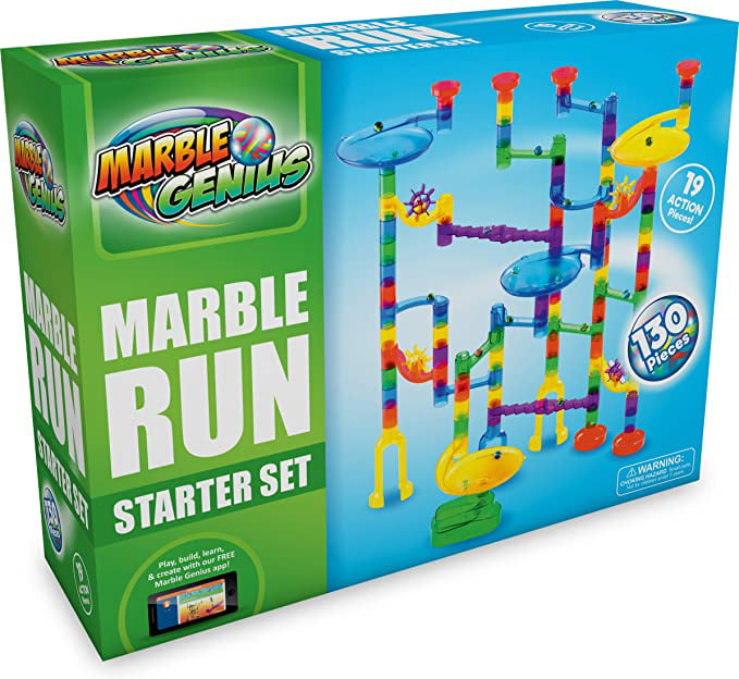 Marble Genius Marble Run Space Starter Set Free Instruction App 80 Translucent Marbulous Pieces + 50 Glass Marbles Glow-in-The-Dark 130 Complete Pieces 