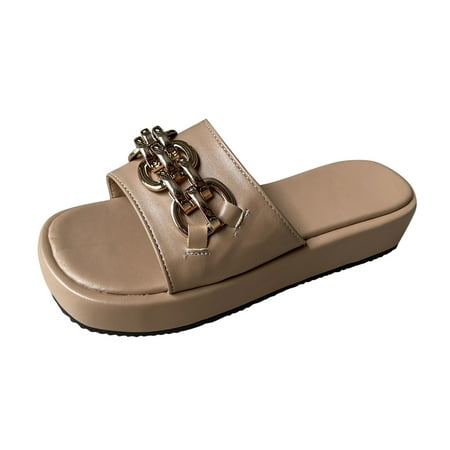 

SEMIMAY Ladies Fashion Summer Solid Color Leather Metal Buckle Decorative Open Toe Thick Slippers