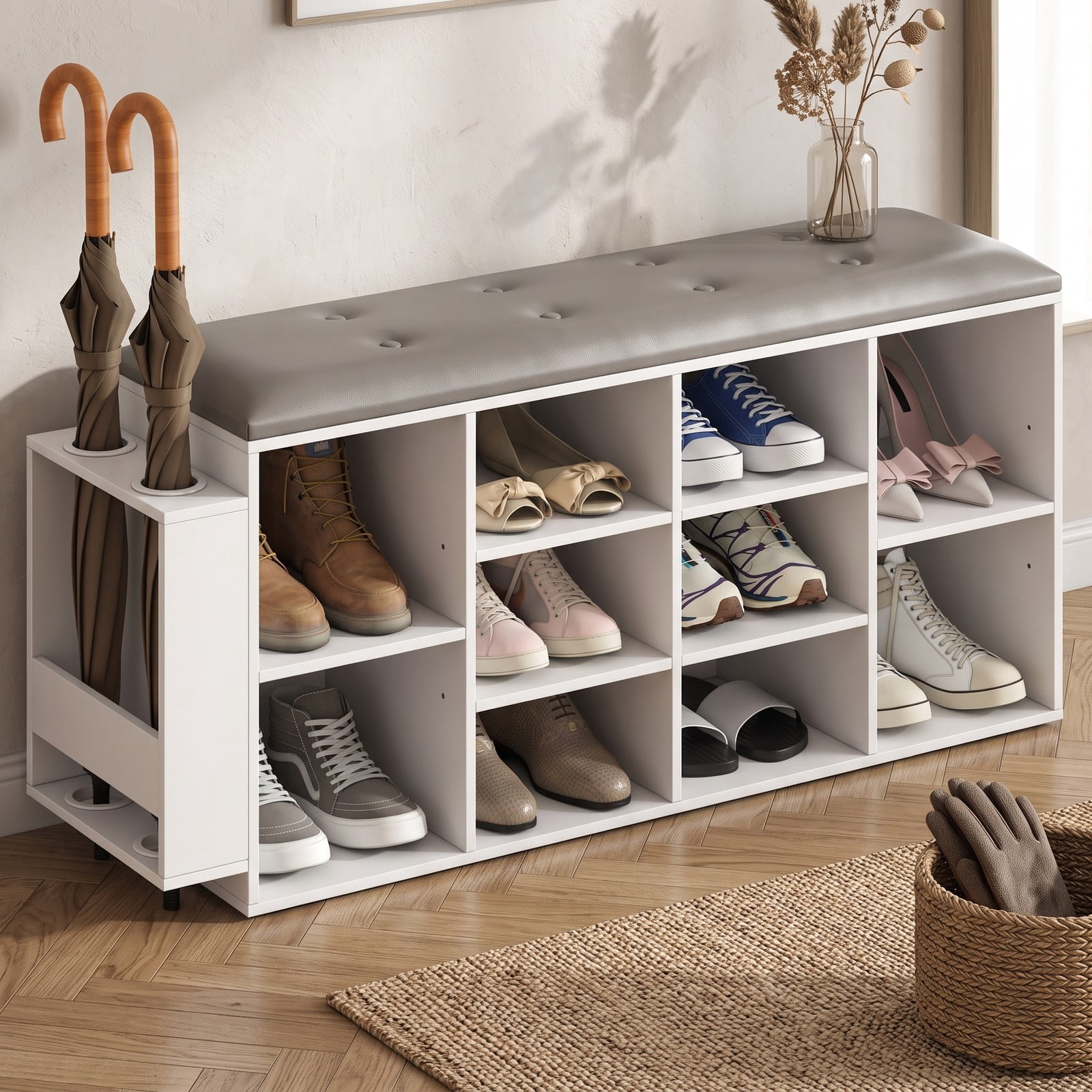 Furnibear Shoe Storage Bench with Umbrella Stand and 10 Adjustable Cube Shelves and Tufted Padded Seat for Entryway and Hallway, White