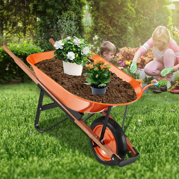 5 Cu. Ft Wheelbarrow Garden Cart, 265 lbs Capacity, Single Wheel Utility Dump Wagon with Metal Handle & 16" Wide Track Wheels for Lawn, Farm, Yard – Easy Loading