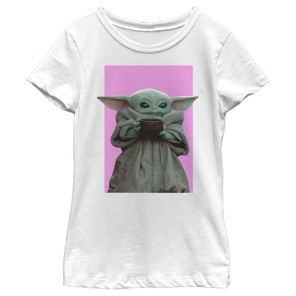 Girl's Star Wars: The Mandalorian Grogu Drink Graphic Tee White Small