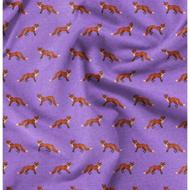 Soimoi Purple Silk Fabric Fox Animal Decor Fabric Printed Yard 42 Inch Wide