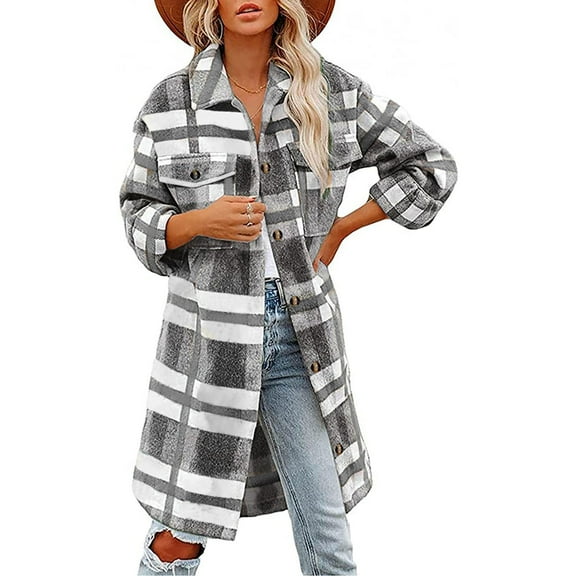 Black and Friday Clothing Sales Idoravan Plaid Shirts for Women Winter Jacket Women Casual Long Sleeve Buttons Loosing Printing Lattice Coat Tops Gray L