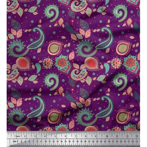 Soimoi Japan Crepe Satin Fabric Paisley & Floral Artistic Print Sewing Fabric Yard 42 Inch Wide