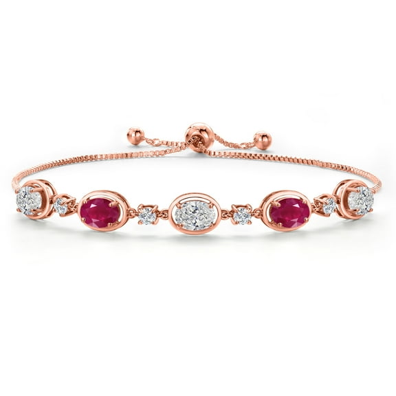Gem Stone King 18K Rose Gold Plated Silver White Lab Grown Diamond and Red Ruby Bracelet for Women | 4.10 Cttw | Gemstone April Birthstone | Oval 7X5MM | Fully Adjustable 9 inch