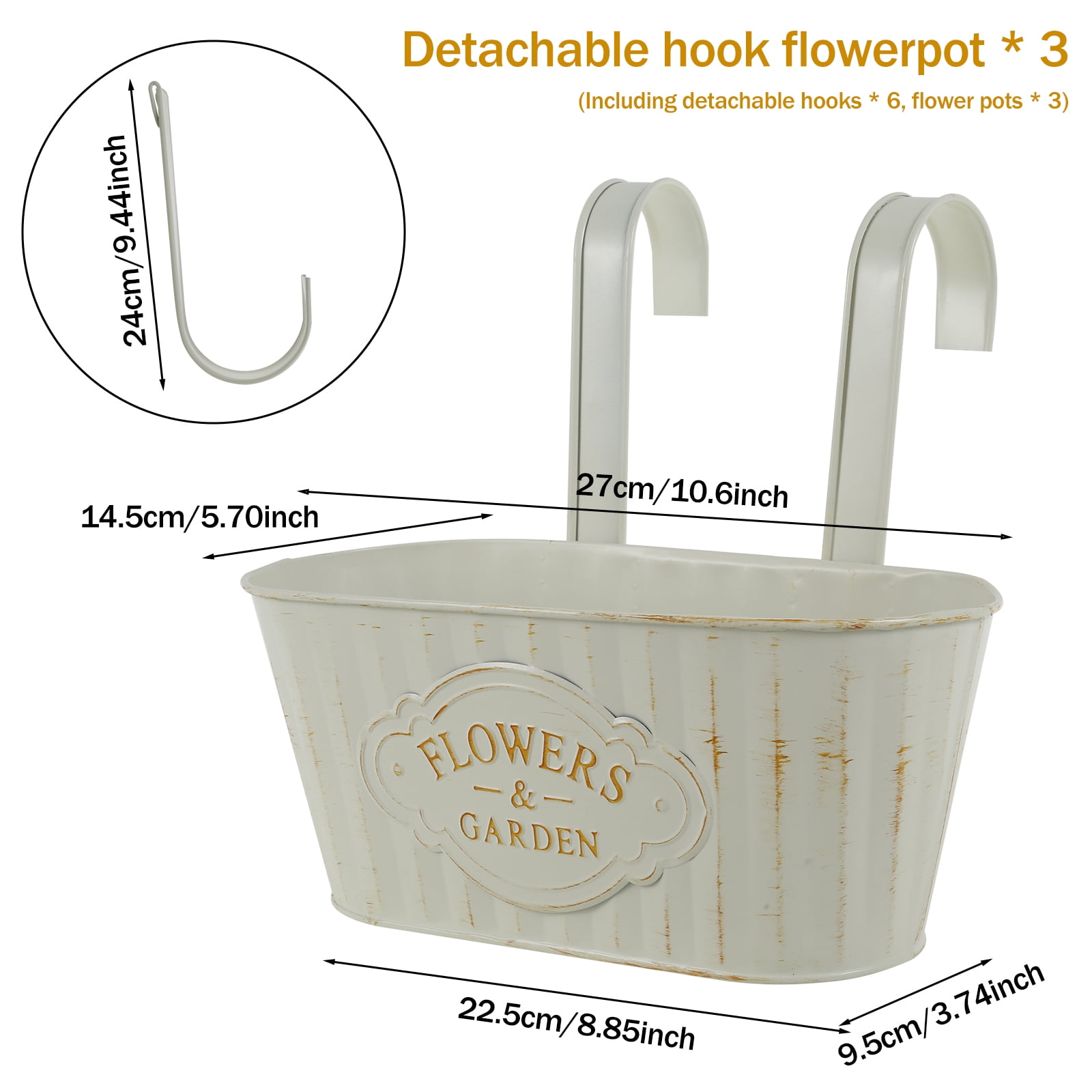 Keyohome 3Pcs Hanging Flower Pots,Metal Wall Planter,Iron Bucket Planter for Indoor Outdoor,Railing Hanger with Detachable Hooks,Drainage,Rustproof,off-White,10.6"