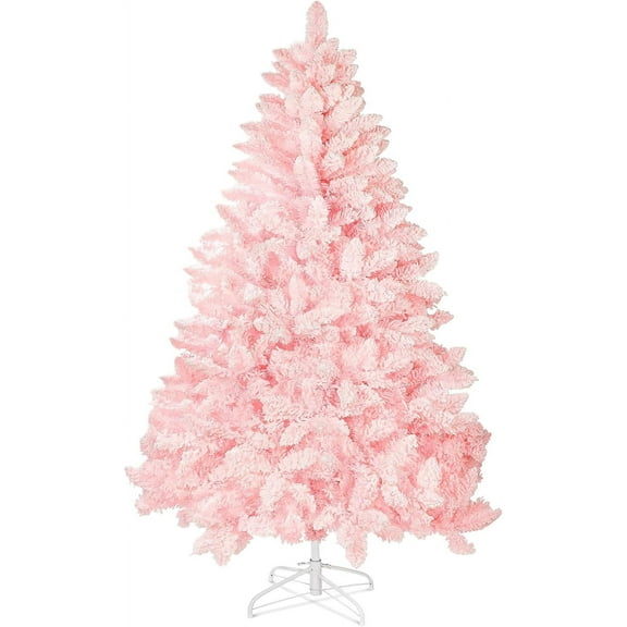 6FT Pink Premium Artificial Holiday Christmas Tree, Snow-Flocked Pine Tree with 1000  Branch Tips, Metal Stand and Hinged Branches for Indoor and Outdoor