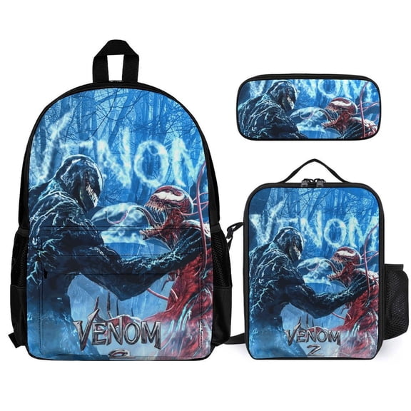 Venom Fun cartoon three-piece backpack set: includes backpack lunch box and pencil case One size