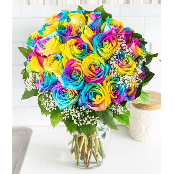 From You Flowers - Two Dozen Rainbow Tie Dye Roses in a Clear Glass Vase for Birthday, Anniversary, Get Well, Congratulations, Thank You, All Occasions