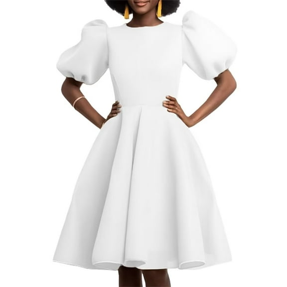 Women's Round Neck Puff Sleeve Midi Dresses Ruffle A-Line Summer Casual Dress