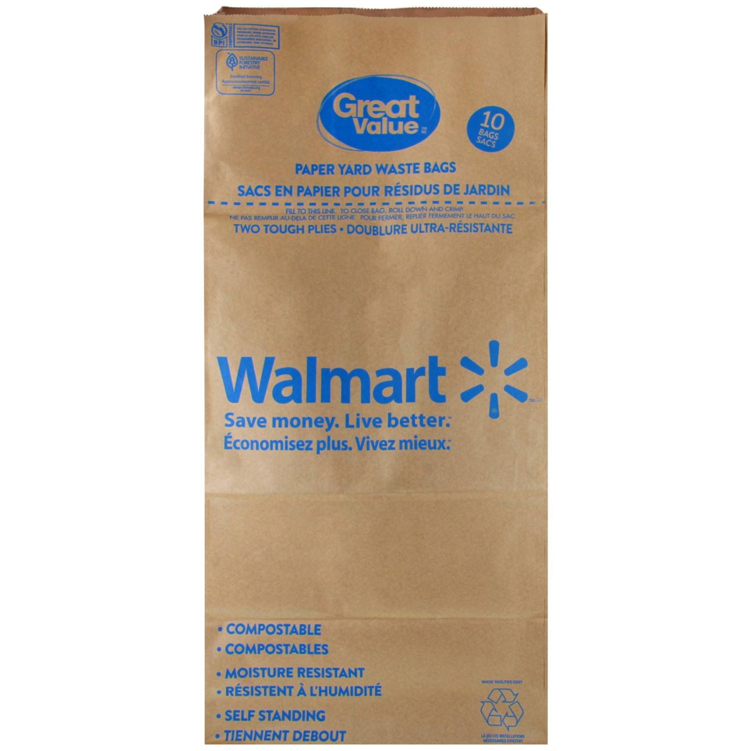 Sacs en papier pour résidus de jardin Great Value 40,6 cm x 30,4 cm x 87,6 cm