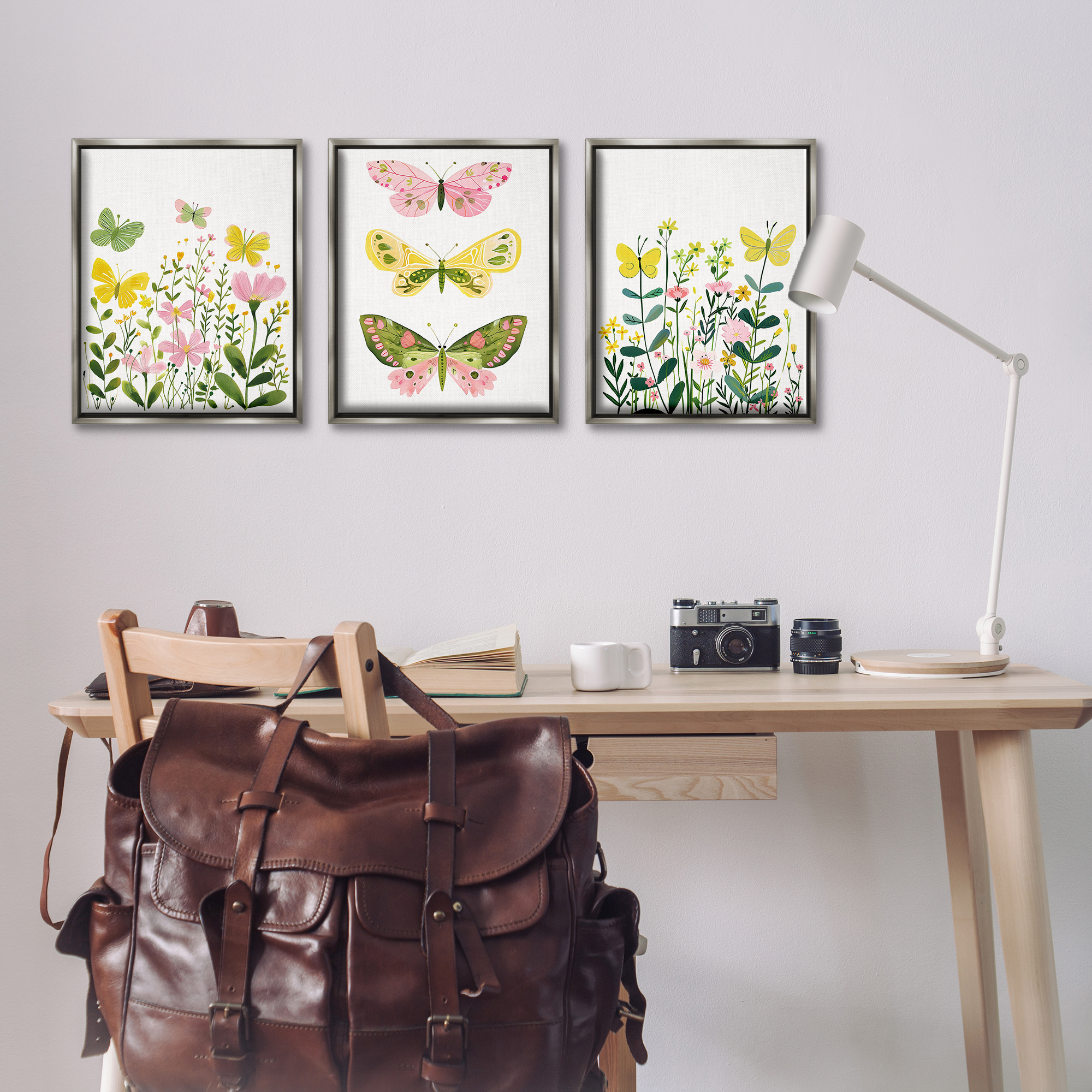 Stupell Industries Playful Butterflies and Florals Animals Painting Gray Floater Framed Canvas Art Print Wall Art, 17 x 21, Set of 3