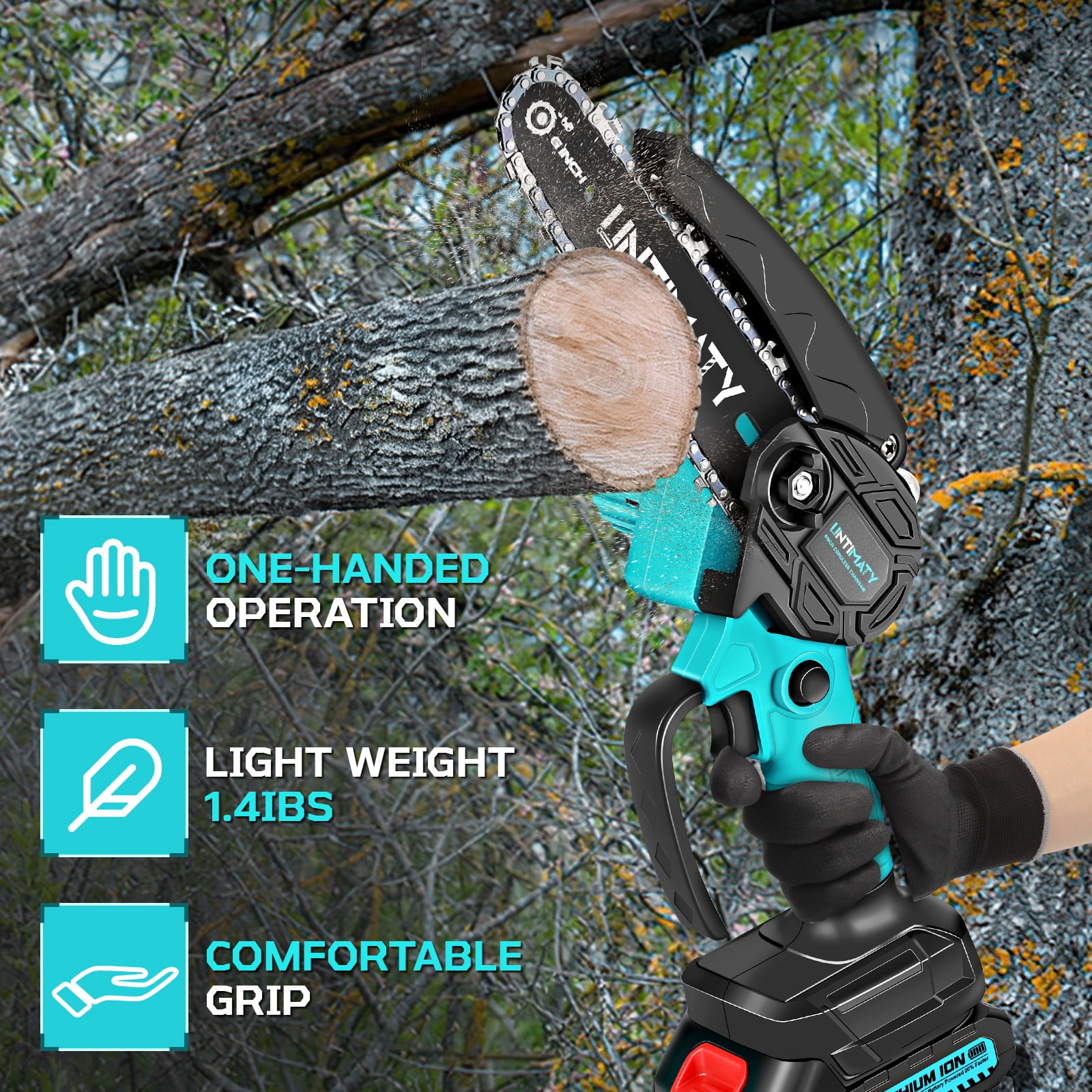 UNTIMATY Mini Chainsaw 6 inch Cordless Handheld Electric Chain Saw with 2 Batteries and Charger for Trees and Wood, Blue