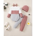 thumbnail image 4 of 3 Months Baby Girls Clothes 6 Months Girls 4PCS Fall Winter Outfits Set Newborn Girls Long Sleeve Color-blocked Top Pants Set with Headband Hat Pink, 4 of 6