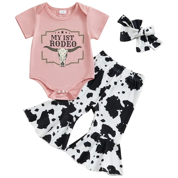 Xudanell Western Baby Girl Clothes Summer Cowgirl Outfit Short Sleeve Romper Bow Boots Cow Print Flared Bell Bottom Pants Set (Red, 0-3 Months)