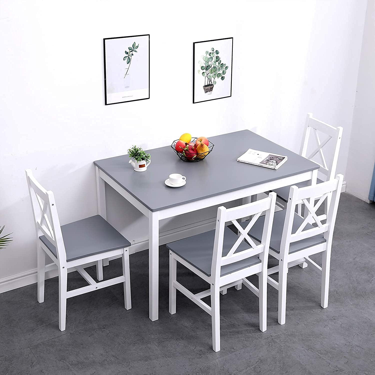 Soges 5 Pieces Dining Table Set, Pine Wood Kitchen Dining Table with 4 Chairs, Wood Rectangular kitchen table and chairs for 4, Small Dining Set for Bar Dining Room Breakfast Nook, White and Gray