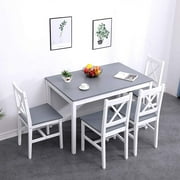 Soges 5 Pieces Dining Table Set, Pine Wood Kitchen Dining Table with 4 Chairs, Wood Rectangular kitchen table and chairs for 4, Small Dining Set for Bar Dining Room Breakfast Nook, White and Gray