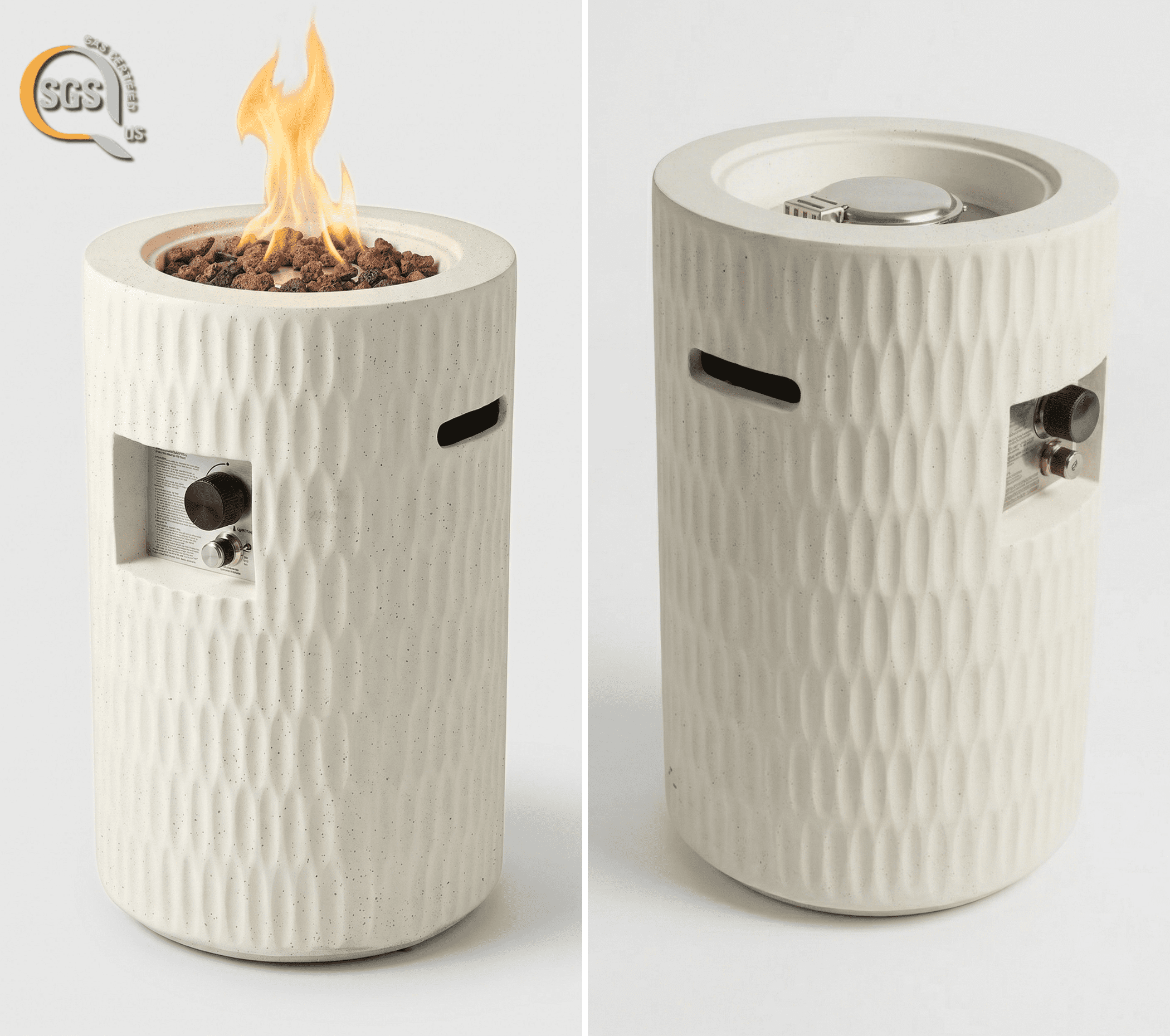 Mintazer 26" Propane Fire Pit, 40,000 BTU Cylindrical Concrete Outdoor Fire Pit with Hidden Tank & Waterproof Cover for Patio Backyard Deck, Beige