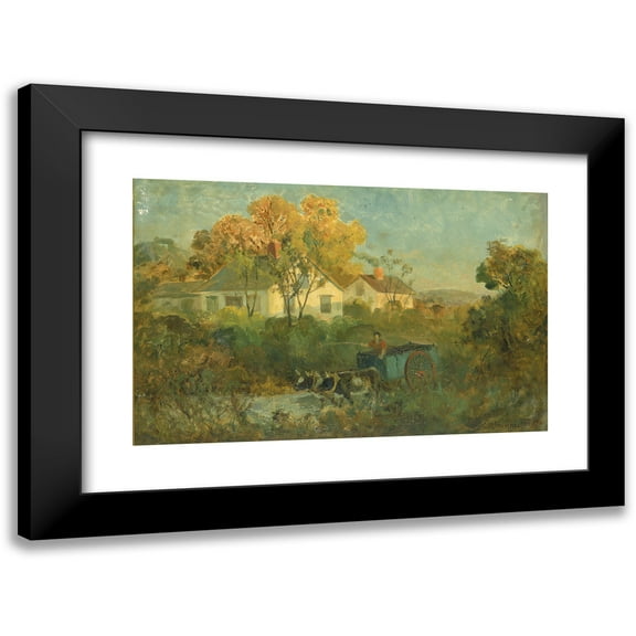 Edward Mitchell Bannister 14x11 Black Modern Framed Museum Art Print Titled - The Drinking Pool (Man in Cart with Oxen at Pool) (1895)
