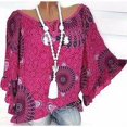 thumbnail image 4 of Women T-shirt Digital Print Loose Top Bohemian Ruffled Blouse, Red, S, 4 of 4