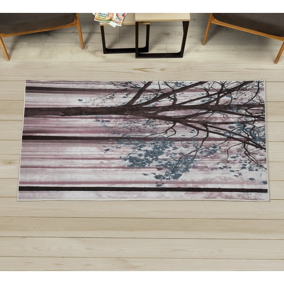 Autumn Decorative Rug, Picture of a Lonely Tree Leaves on an Abstract Woodland Background Print, Quality Carpet for Bedroom Dorm and Living Room, 6 Sizes, Grey Pink, by Ambesonne