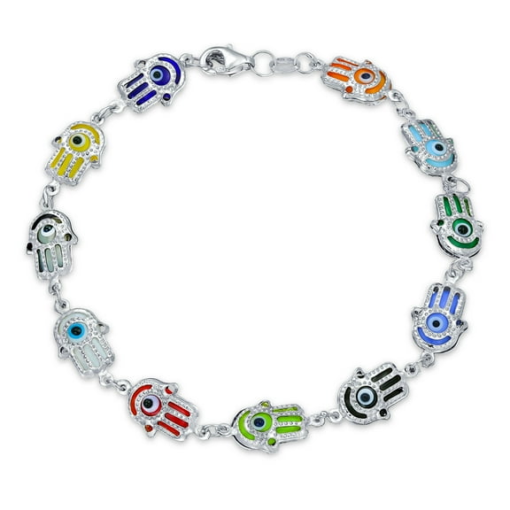 Bling Jewelry Womens Spiritual Colorful Hamsa Hand & Evil Eye Charms Strand Bracelet Sterling Silver