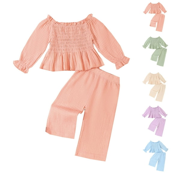 Fesfesfes Toddler Outfits 3T Fashion Girls Casual Solid Color Long Sleeve Tops Straight Leg Pants Set