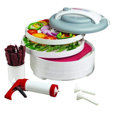 NESCO Plastic Dishwasher Safe All-In-One White Snackmaster with 5 Trays & Jerky Gun, 4