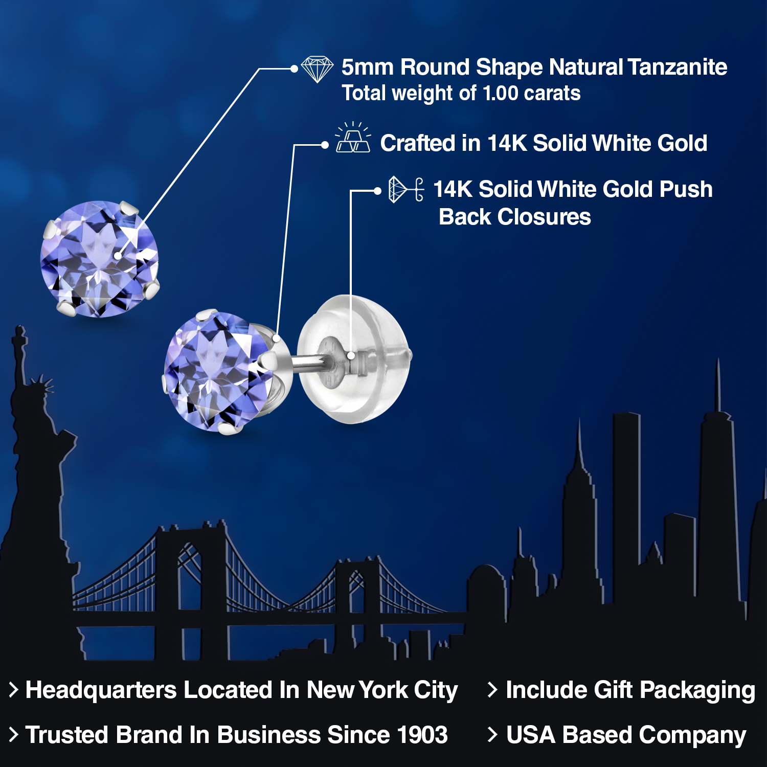 Gem Stone King 14K White Gold Tanzanite Stud Earrings for Women Men (1.00 Cttw, Gemstone Birthstone, Round 5MM)