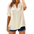 thumbnail image 3 of Short Sleeve Blouses for Women Summer Plus Size V-Neck Button-up Solid Color Casual Loose Leisure Outdoor Womens Satin T-Shirts, 3 of 6