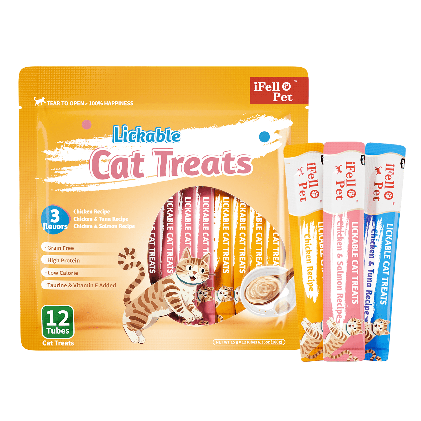 iFello Pet Lickable Cat Treats, Grain-Free Creamy Squeezable Puree, Chicken, Tuna & Salmon Variety Pack, 12 Tubes, 6.35 oz