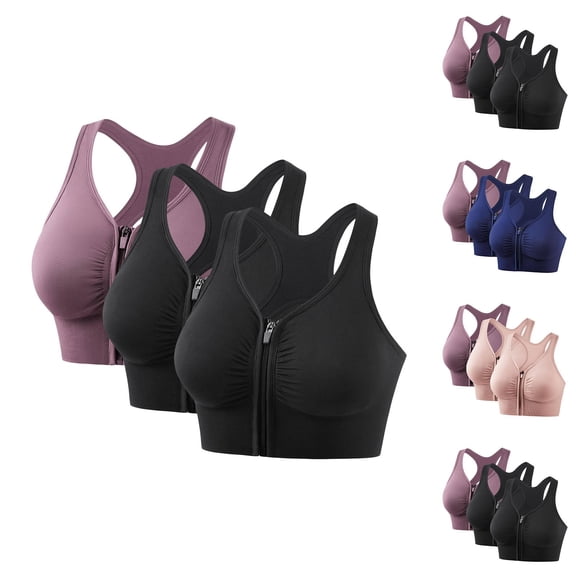 RongHuan 3PC Sports Bra for Women Plus Size Front Zipper Bralette Front Closure Breathable Yoga Bras Quick Dry Brassiere