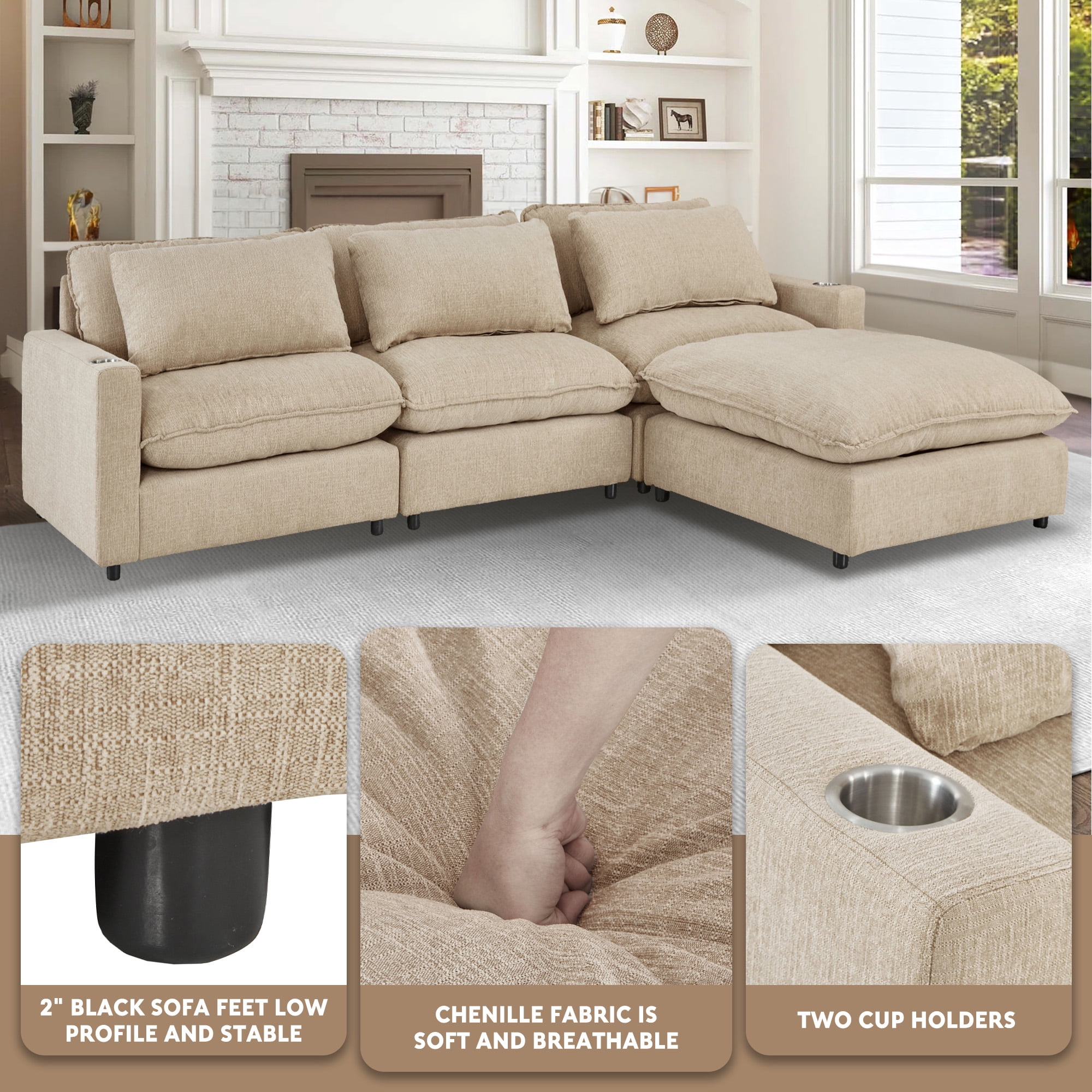 Aukfa 128" Modular Sectional Sofa with Cup Holders, Chenille L Shaped Couch with Convertible Chaise, Beige