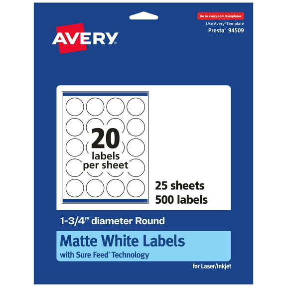 Avery Matte White Round Labels, 1.75" Diameter, 500 Labels