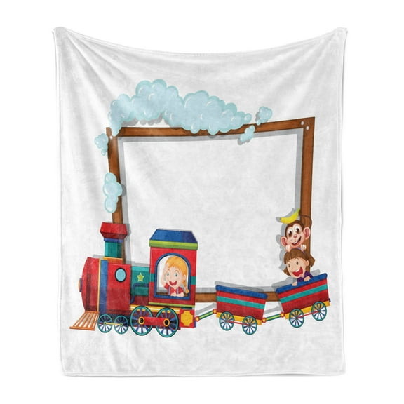 Monkey Soft Flannel Fleece Blanket, Joyful Children Traveling on a Cartoon Train with Funny Monkey Toddler Nursery Theme, Cozy Plush for Indoor and Outdoor Use, 50" x 60", Multicolor, by Ambesonne