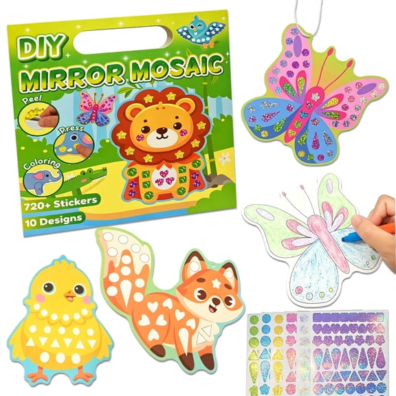 SkyMagic Mirror Mosaic animals Art Set for Kids – DIY Craft Kit with Foil Stickers, Travel Activities for Ages 3-5, Creative & Fun Gift for Boys Girls