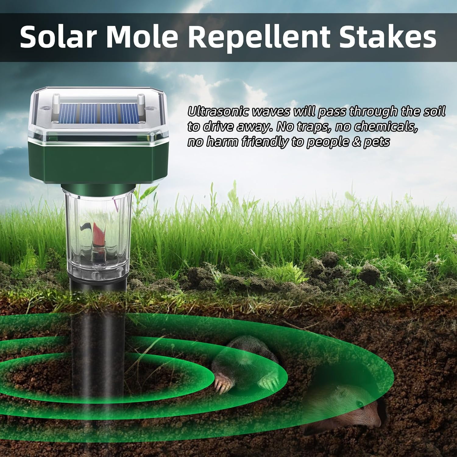 G·PEH Mole Repellent Solar Powered 8 Pack Ultrasonic Mole Deterrent Chipmunk Repellent Outdoor Waterproof Snake Gopher Vole Repellent with Light for Lawn and Garden,Square